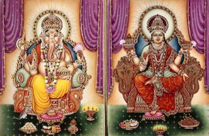 Lord Ganesh Ganpati istennő és Lakshmi miniatűr festmény elefántcsontontszínűre alkotó: School Indian