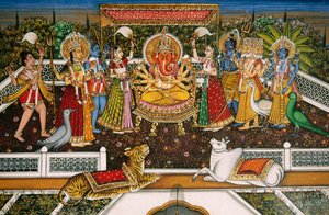Lord Ganesh Ganpati Brahmával, Visnu, Shiva, Durga, miniatűr festmény papírra alkotó: School Indian
