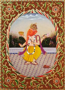 Lord Ganesha Ganpati miniatűr festmény papírra hímzéssel alkotó: School Indian