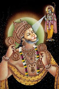 Lord Hanuman és Rama miniatűr festmény papírra alkotó: School Indian
