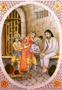 Krishna Balram és Devaki Vasudeva miniatűr elefántcsont festménye alkotó: School Indian