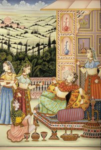Miniatűr festmény a mogul hölgyről, amint az italt élvezi, India alkotó: School Indian