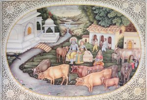 Krisna miniatűrje, egy tejeslány ül egy mezőn szarvasmarhákkal (akvarell, elefántcsont) alkotó: School Indian