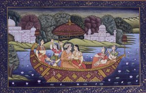 Mughal miniatűr festmény papírra, király szerelmi jelenet és élvezve a zenét a csónakban alkotó: School Indian