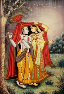 Radha Krishna miniatűr festmény a Monsoon papíron alkotó: School Indian