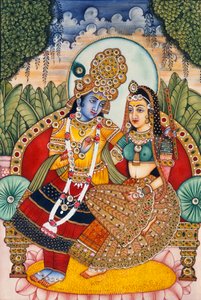 Radha Krishna miniatűr festmény elefántcsontra alkotó: School Indian