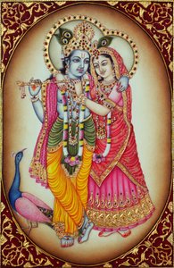 Radha Krishna miniatűr festmény elefántcsontra alkotó: School Indian