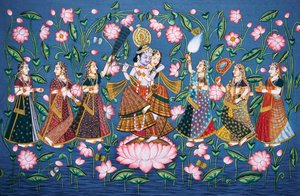 Radha Krishna Sakhis miniatűr festmény papírra alkotó: School Indian