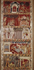 A Ramayana jelenetei, Valmiki a 6. században komponált epikus költemény, amely Ráma legendáját meséli el. Nyugat-Bengál.Victori & Albert Könyvtár. London alkotó: School Indian