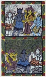 Shiva életet ad Ganesának (Ganesh vagy Ganapati), édesanyja, Parvati karjaiban, miután a harag karjába vágta a fejét. Pat: festett tekercs a bengáli régióból, narratív médiumként szolgál Baoul (vagy baul) zenészek számára. Leonard de Selva specia