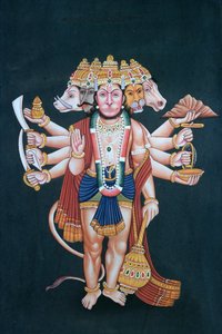 Shri Panchmukhi Hanuman (gouache és akvarell, papír) alkotó: School Indian