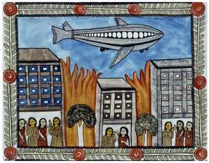 A 2001. szeptember 11-i támadások története, amelyet a bengáli Baul árusok meséltek el. Festmény, sorozat, 6/9 szám, Bengál. alkotó: School Indian