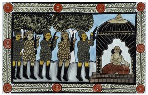 A 2001. szeptember 11-i támadások története, amelyet a bengáli Baul árusok meséltek el. Festmény, sorozat, 2/9 szám, Bengál. alkotó: School Indian