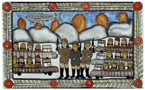 A 2001. szeptember 11-i támadások története, amelyet a bengáli Baul árusok meséltek el. Festmény, sorozat, 8/9 szám, Bengál. alkotó: School Indian