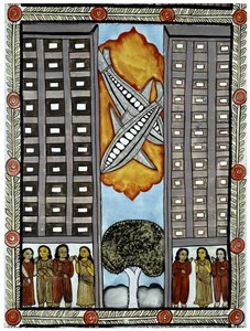 A 2001. szeptember 11-i támadások története, amelyet a bengáli Baul árusok meséltek el, a New York-i Világkereskedelmi Központban részt vevő repülőgépek illusztrációja. Festmény, sorozat, 3/9 szám, Bengál. alkotó: School Indian