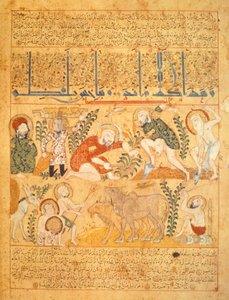 Andromenadros, a gyógyszerész, a mezőgazdasági munkákat vizsgálja, illusztrációja a „Kitab al-Diryaq” ellenszerek könyvéből, Pseudo-Gallen (vellum)