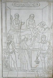 Egy beteget látogató orvos, Johannes de Ketham (u. e. 1490) „Fascilulus Medicinae” című művéből, 15-16. század (fametszet) alkotó: School Italian