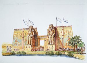 Az ókori Théba - III. Amemhotep, a Memnon kolosszusaiként ismert szobrok rekonstrukciója II. Ramszesz idején (színes litó)