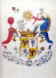 A milánói Visconti család Blazonja, egy gyermeket verő sárkány ábrázolásával. Milánói Állami Levéltár
