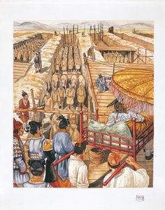 Qin Shi Huang-Ti császár mauzóleumának építése, Kr. e. 3. század (színes litográfia) alkotó: School Italian