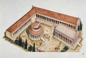 Ünnepi kör alakú tholosz és Aszklépiosz temploma, Epidaurosz, Kr.e. IV. század (színes litho)