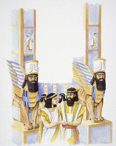 Nabukodonozor, Babilon királya feleségével, Médiából, Amitisszal, Média királyának lányával (színes litho)