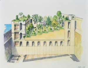 Nabukodonozor palota, Babilon, függőkertekkel (színes litho)