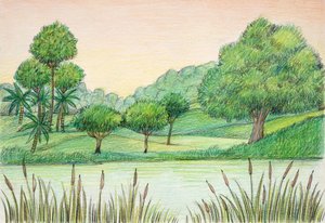 Őstörténet - harmadidőszak - a természeti környezet rekonstrukciója (színes litho) alkotó: School Italian