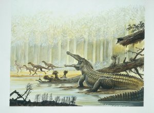 Rutiodon Fabrosaurusszal a háttérben, triász időszak (színes litho) alkotó: School Italian