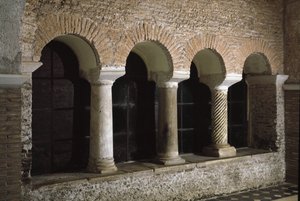 Kilátás a Szent Vince és Szent Anasztáz templom kolostorára, a három szökőkút apátságára (Tre-Fontane) (Chiesa dei Santi Vincenzo e Anastasio alle Tre Fontane) (Kilátás a st Vincenzo e Anastasio templom kolostorára, abbazia delle T alkotó: School Italian
