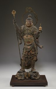 Bishamonten (Vaisravana, Észak őre) (polikróm fa, kristály, aranylevél és fém) alkotó: Japanese School