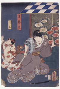 Gyermek Someki Pleading; Anya visszaesik karddal (színes fametszet) alkotó: School Japanese