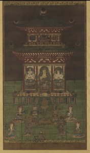 Horokaku Mandara: A Buddha és a kísérő istenségek, Heian-korszak (szín és arany selyemtáblán) alkotó: Japanese School