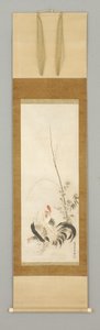 Kakemono, kakas és tyúk virágokkal alkotó: Japanese School