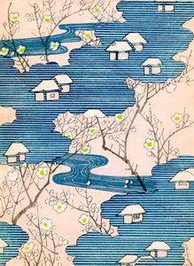 Pattern for a Kimono Design: Cottages with rivers and cherry blossoms, c.1900 (colour woodblock print)