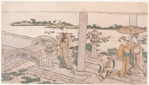 Három nő és gyermek a teraszon alkotó: School Japanese