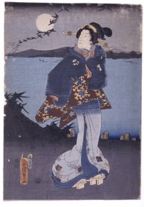 Nő a tóparton, nézi a teliholdat és a leszálló libákat (színes fametszet) alkotó: School Japanese