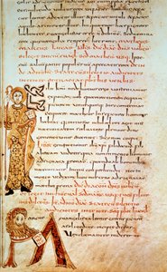 Szent Máté; M betű (Szent Márk oroszlánjának feje). Oldal: „” Sacramentary of Gellone”, 42. fólió. Dávid, 790. vers, Franciaország, Meaux vagy Cambrai. BN, Párizs