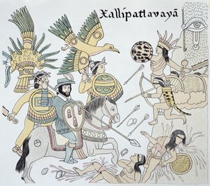 Harc a spanyolok és az aztékok között a Xallipatlavaya-i csatában, illusztráció egy 1550 körüli mexikói indián képtörténet, a "Lienzo de Tlaxcala" fakszimiléjéből.
