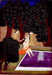 Egy hölgy a medencénél, Johnson IX. album, 16. sz., 1780 körül (guache, arannyal a papíron) alkotó: School Mughal