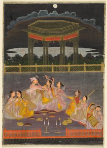 Egy herceg ünnepli a Holi-t a palota asszonyaival egy éjszakai teraszon; hátoldalon: egy négysoros versszak kalligráfiája, 1760 körül (fedetlen akvarell és arany, papír (recto); tinta, papír, négy perzsa verssor (verso)).