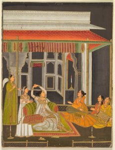 Hercegnő egy teraszon kísérőkkel éjszaka (recto); kalligráfia (verso), 1760 körül (fedetlen akvarell, arany, papír) alkotó: School Mughal