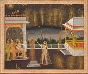 Hölgyek ünneplik a Diwalit, 1760 körül (fedetlen akvarell és arany, papír) alkotó: School Mughal