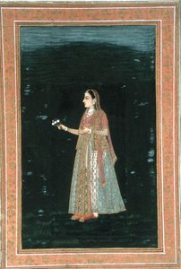 Virágot tartó hölgy, a Small Clive Albumból (átlátszatlan akvarell papíron) alkotó: School Mughal