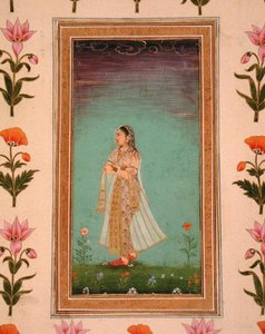 Virágok között sétáló hölgy, a Small Clive Albumból (átlátszatlan akvarell papíron) alkotó: School Mughal