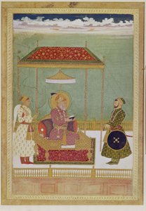 Shah Aurangzeb portréja egy férfival, esetleg Ashraf Khan, 18. század eleje (Átlátszatlan akvarell, tus és arany papíron) alkotó: School Mughal