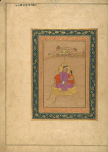 A 3. Akbar mogul császár a királyi trónon ül, miközben tartja a koronáját alkotó: School Mughal