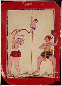 Három sportoló edzés közben (kötél, íjászat és hótalpas játék) (miniatűr alkotó: School Mughal