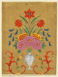 Váza virágdíszítéssel és tekercsekkel, 1750-1800 körüli (fedetlen akvarell aranyfestékkel, papír) alkotó: School Mughal