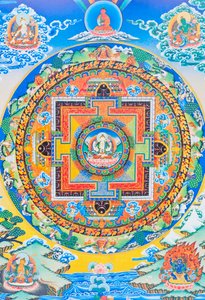 Chenresi mandala; a középső figura az együttérzés Buddháját, Amitava Buddha égi megnyilvánulását ábrázolja, mindig közel a szenvedő lényekhez (guache a ruhán)